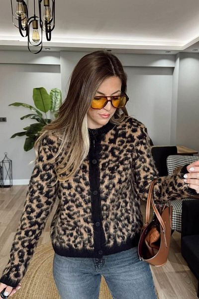 Banu Angay Cardigan cu imprimeu leopard negru-camel