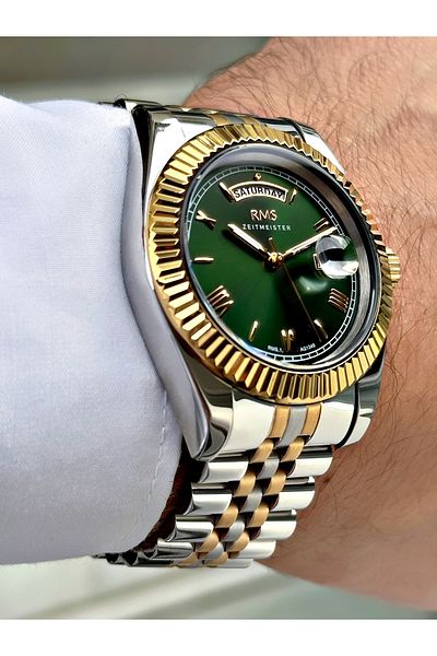 Romanson Silver-Green Color Steel Band Steel Case Men's Wrist Watch with Calendar 1349.15