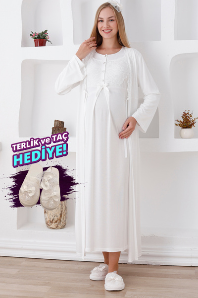 ERDENİZ TEKSTİL طقم ثوب نوم للحوامل / أزرار وأربطة / شبشب وتاج هدية