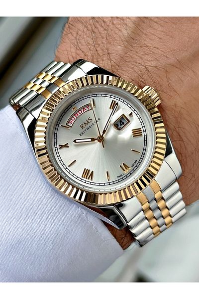 Romanson Silver-Gold Color Steel Band Steel Case Men's Wrist Watch with Calendar 1349.10