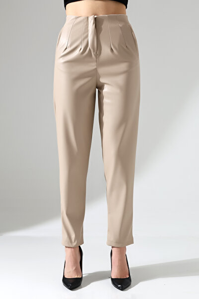 winmoda High Waist Leather Trousers-Carrot/Front Collar