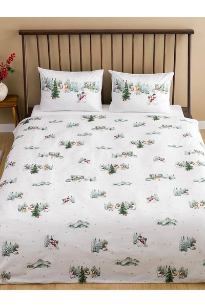 LC Waikiki LCW HOME Білий новорічний тематичний комплект постільної білизни для двомісного ліжка