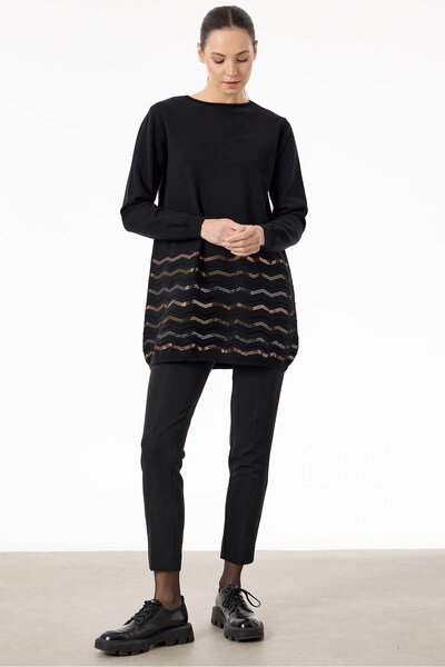 Tığ Triko Black Knitwear Tunic - Zigzag Sequined Skirt