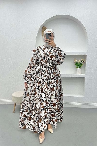 Reference Brown Floral Patterned Shoulder Ruffle Dress