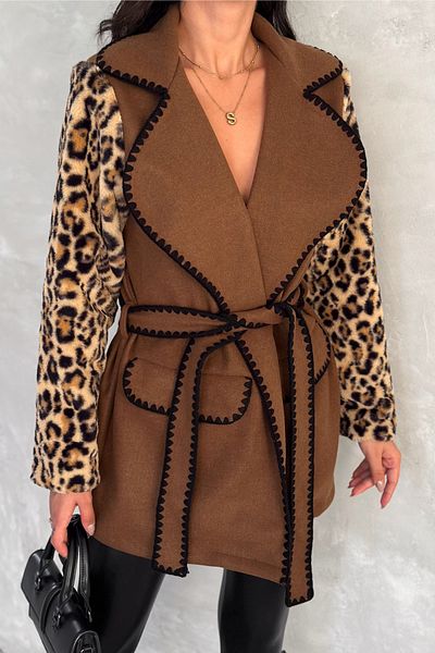 FEMELLE Palton de damă maro cu imprimeu leopard, cu centură de blană, broderie, cu ștampilă brodata