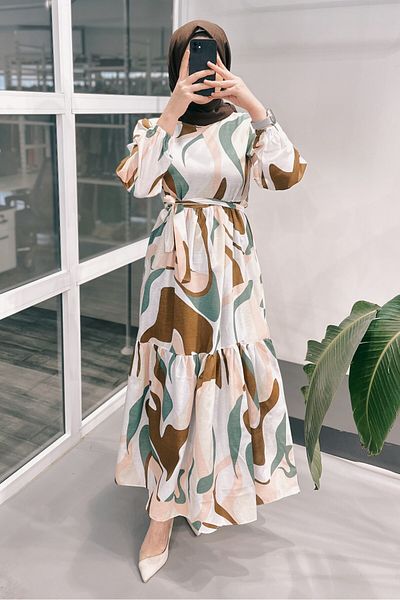 ModaSelin Ms131 Patterned Belted Brown Dress
