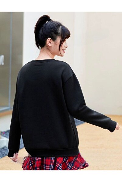 trendgar Duz Black Crew Neck Unisex Sweatshirt