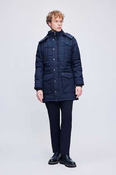 Hatemoğlu Μπλε Navy Dynamite Fit Judge Collar με μοτίβο καπιτονέ μακριά κουκούλα παλτό