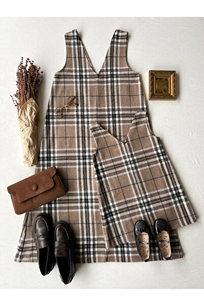 KÜÇÜĞÜM BUTİK Taba Desenli Ekose Anne-Kız Çocuk Kombin Kışlık V Yaka Jile Elbise (Tekli Satılmaktadır.)