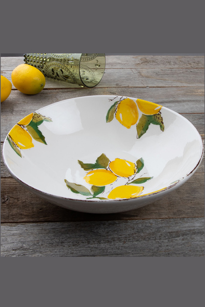 Bev Kitchen وعاء سلطة دائري مصنوع يدويًا بنمط الليمون مقاس 26 سم
