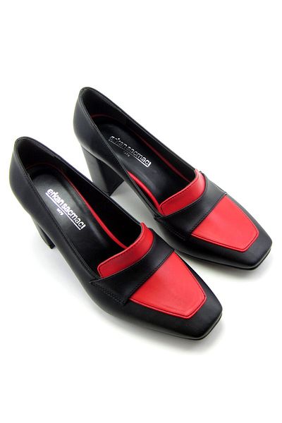 Erkan Saçmacı Della Black Red Square Toe Thick Heeled Classic Shoes