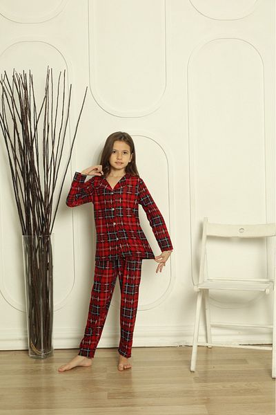 Minimoon Plaid Buttoned Cotton Girls' Pajama Set