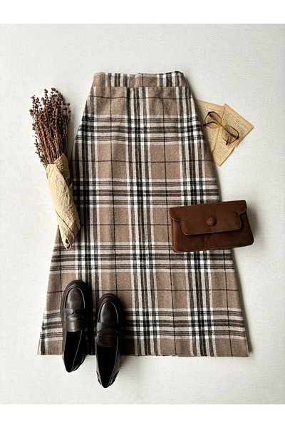 KÜÇÜĞÜM BUTİK Χειμερινή καρό μακριά φούστα (TABA BROWN)