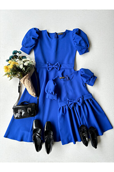 KÜÇÜĞÜM BUTİK Saks Mavisi Karpuz Kollu Krep Midi Boy Kloş Anne-kız Kombin (TEKLİ SATILMAKTADIR)