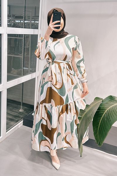 ModaSelin Ms131 Patterned Belted Brown Dress