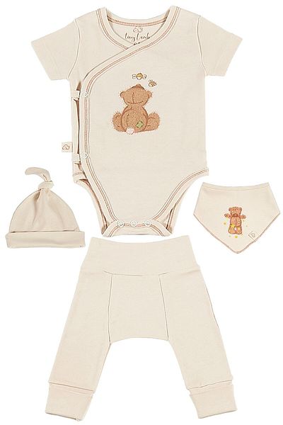 tinylamb Fluffy Bear 4 Piece Unisex Baby Short Sleeve Cotton Bodysuit Pajamas Beanie Bandana Mini Newborn Set