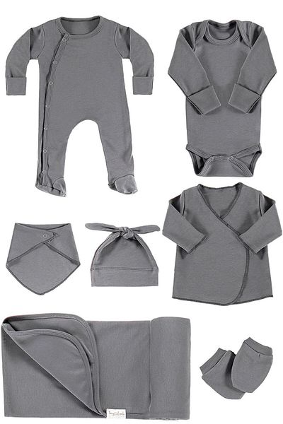 tinylamb Chester 7 Piece Unisex Organic Cotton Baby Hospital Discharge Set and Newborn Gift Set - Anthracite
