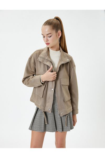 Koton Biker Jacket Suede Look Stand Collar Zippered Flap Pocket