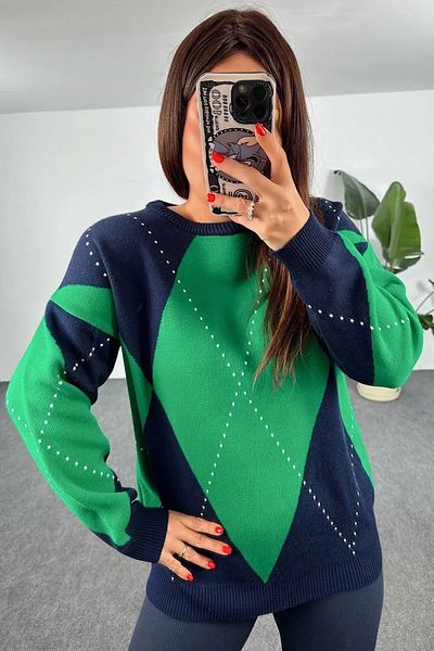 lovebox Crew Neck Diamond Patterned Oversize Long Sleeve Navy Blue Green Women's Sweater 500