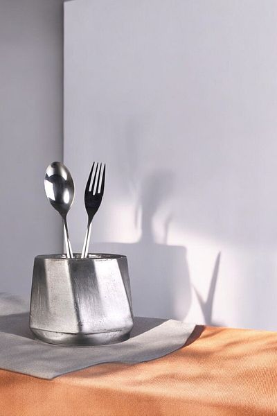 Evene Decorative Silver Tumbled Cylinder Cutlery Holder - Counter Top, Upright Model 17
