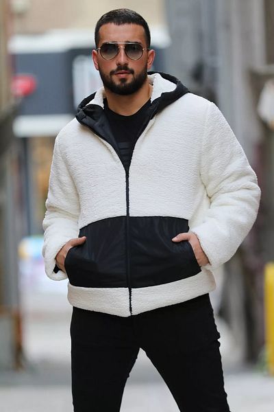 MİSHAR İTALİA Μαύρο βελούδινο παλτό με κουκούλα και φερμουάρ για άντρες