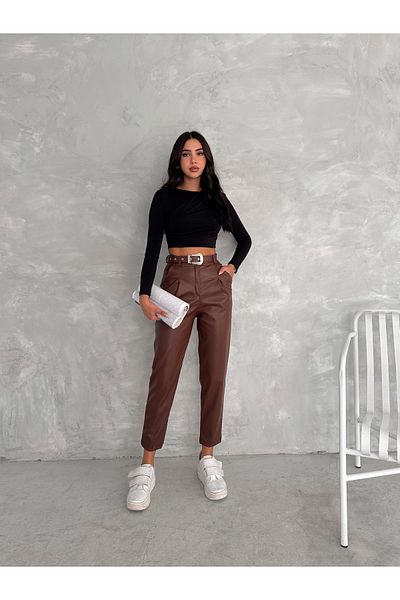 Gugus Women's High Waist Leather Pants - Belted Carrot Model