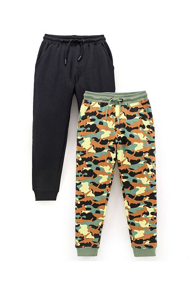 Primo Gino 100% Cotton Knit Full Length Solid & Camo Print Lounge Pants Pack of 2 - Black & Green