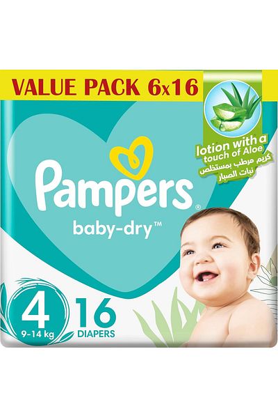 Pampers Baby Dry Taped Diapers with Aloe Vera Lotion, Size 4, 9-14kg,96(16x6) count