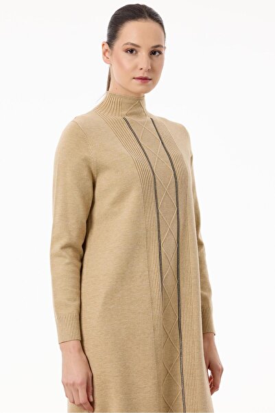 Tığ Triko Saç Örgülü Taşlı Triko Elbise CAMEL