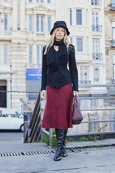 Jument Țesătură din lycra jacquard din lână cu talie înaltă - Fusta lungă de damă cu dungi bordeaux