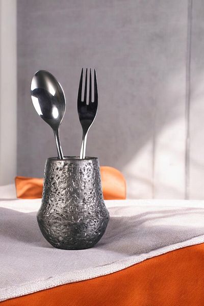 Evene Decorative Silver Tumbled Cylinder Cutlery Holder - Counter Top, Upright Model 15