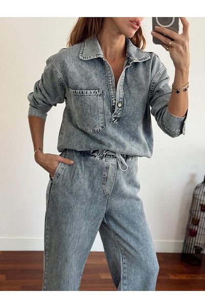 Maldia Shop Női egyedi sorozat farmer nadrág ing jégkék szett