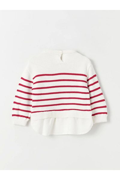 LC Waikiki Lcw Baby Ecru Gestreifter Strickpullover mit Rundhalsausschnitt für Babys