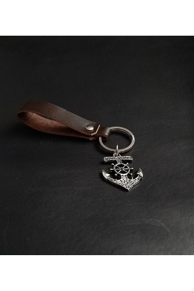 BSN Store Brown Genuine Leather Keychain with Scandinavian Sailor Anchor Figure