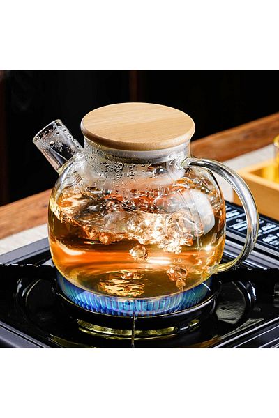 ERKUGO Heat-Resistant Borosilicate Glass Teapot with Strainer (1000ml) Vacuum Bamboo-Metal Lid, Teapot