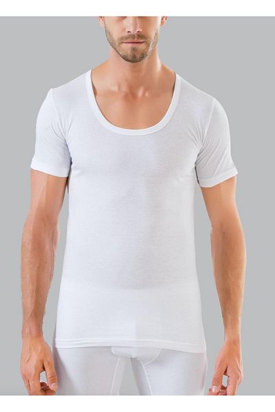 saac White Rib Men's Undershirt - 100% Cotton, Deep Crew Neck, Short Sleeve 2 Pcs-455-2