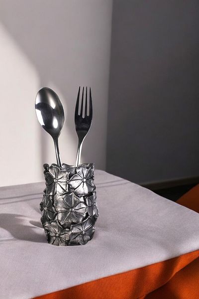 Evene Decorative Silver Tumbled Cylinder Cutlery Holder - Counter Top, Upright Model 16