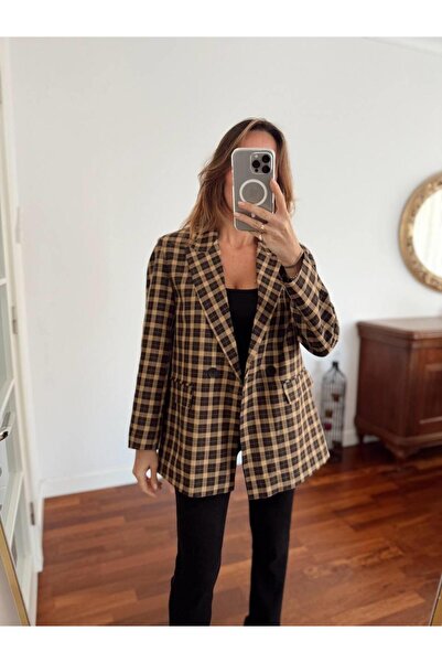 Maldia Shop Women's Double Fabric Lined Vintage Checked Blazer Jacket