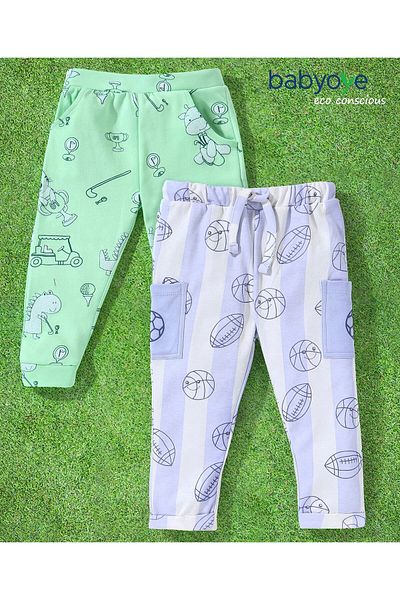 Babyoye 100% Cotton With Eco Jiva Finish Full Length Lounge Pants Pack of 2- Blue & Green