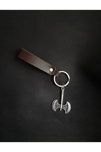 BSN Store Scandinavian Double Sided Axe Figured Brown Genuine Leather Keychain