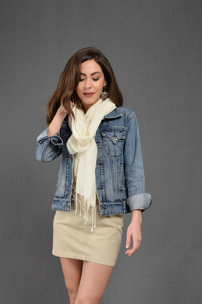 Dosimira Unisex Ekru Naturel Düz Boya Pamuklu Fular