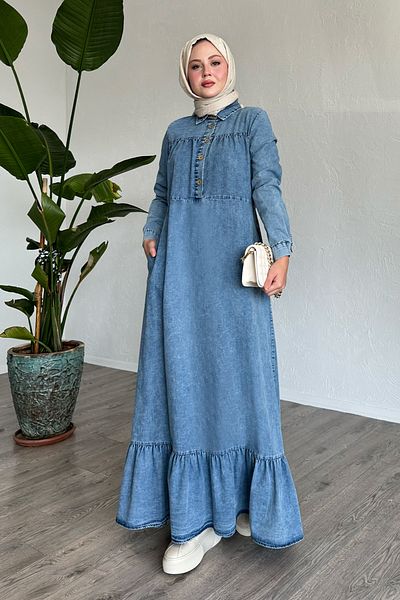 InStyle Rochie de denim largi, albastru gheață, cu volane, cu halat Mandes
