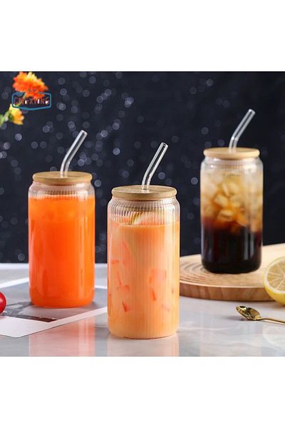 M Mimoza Park 550ml Striped Heat Resistant Glass with Straw Wood Lid Borosilicate Cup Presentation Cup