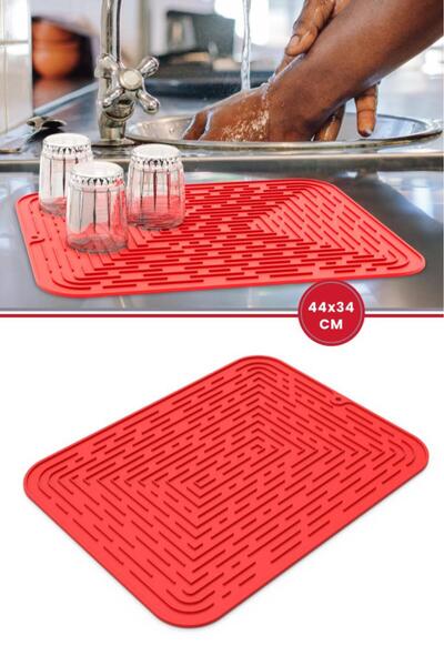 Dish Dryer Mat, Dishwasher-Solid Silicone Dish Coaster Large Size 44x34 cm Red