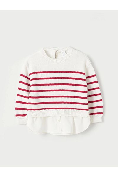 LC Waikiki Lcw Baby Ecru Gestreifter Strickpullover mit Rundhalsausschnitt für Babys