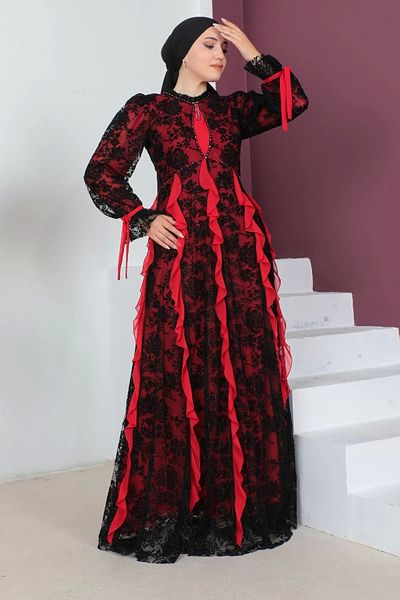 PHELDA Βολάν Λεπτομερές Δαντέλα Hijab Βραδινό Φόρεμα 773-μαύρο/κόκκινο