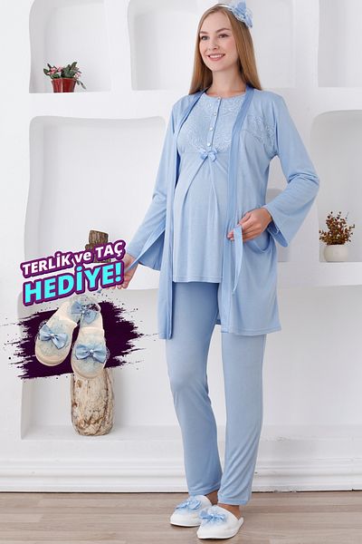 ERDENİZ TEKSTİL Set de maternitate din 3 piese cu mâneci lungi, pijama de maternitate și halat de toaletă