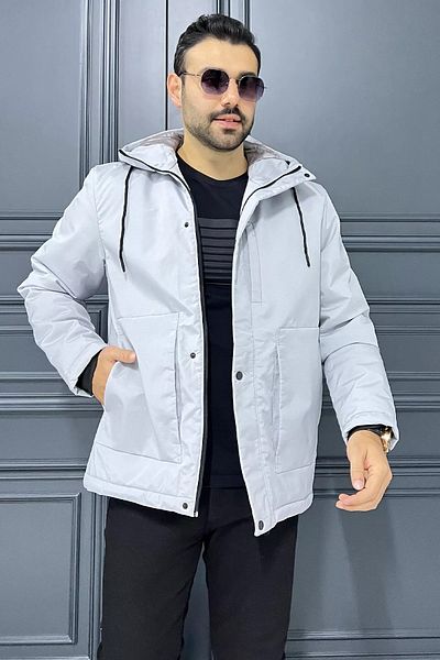 MİSHAR İTALİA Γκρι ανδρικό παλτό με κουκούλα
