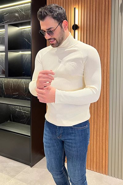 MİSHAR İTALİA Κρεμ ανδρικό πλεκτό πουλόβερ με ζιβάγκο