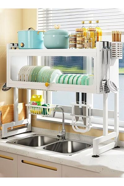 Taimi 3-Tier Over the Sink Dish Drying Rack 95 cm with Cover White
